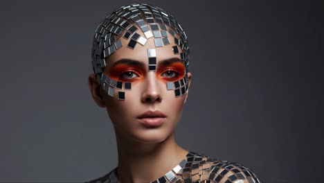 ethereal portrait of a model with mirror mosaic makeup and striking orange eyeshadow creating a futuristic and artistic visual experience