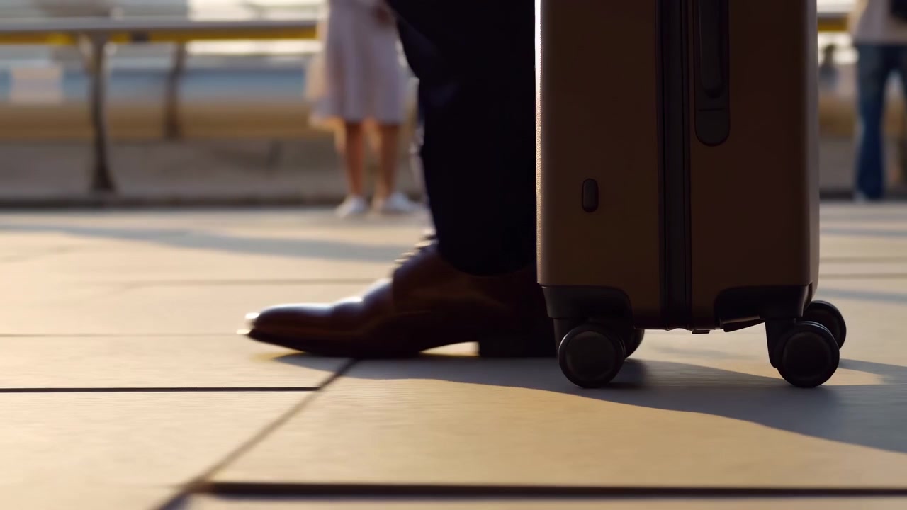 Vista a livello del pavimento all'interno di un terminal di trasporto che mostra una valigia rigida da cabina accanto a una scarpa elegante marrone lucida e all'orlo di un pantalone scuro, con riflessi e un leggero movimento su una superficie piastrellata.