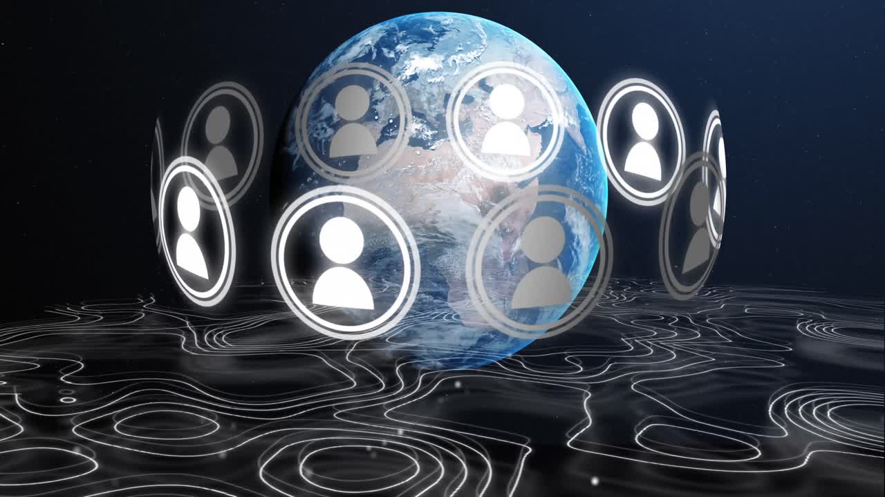 iconos de perfil girando contra el globo sobre la topografía