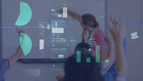 animation of data processing over diverse schoolchildren learning with teacher