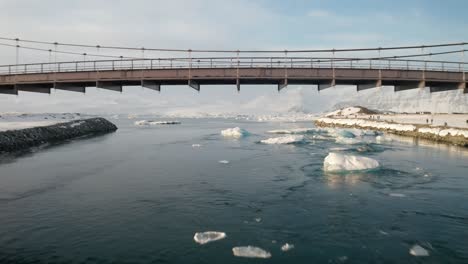 Mit-Einer-Drohne-Unter-Der-Brücke-Hindurchzufahren-Macht-Es-Noch-Schöner-Und-Vergessen-Sie-Nicht-Den-Schnee,-Der-Alles-Bedeckt,-Während-Es-Am-Fluss-Ein-Paar-Kleine-Flecken-Gibt