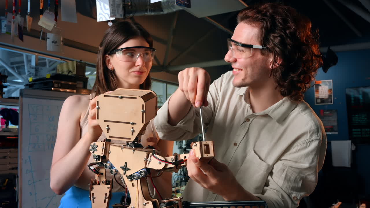 Young man and woman in protective glasses doing experiments in robotics in a laboratory. Robot on the table. Slow motion. Translation from Romanian language on red sign "keep the workplace clean"