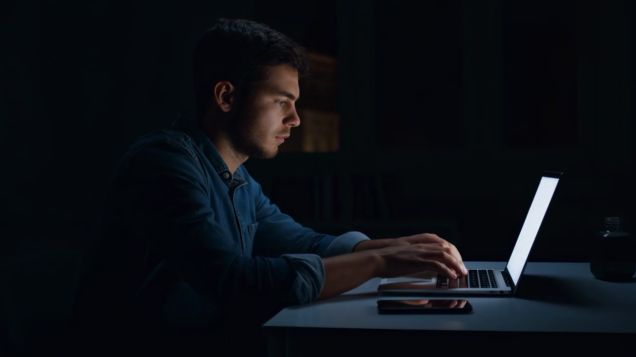 White Man Coding Latenight At Laptop Dark Room Glowing Screen Illuminates Focused Face Hands Typing