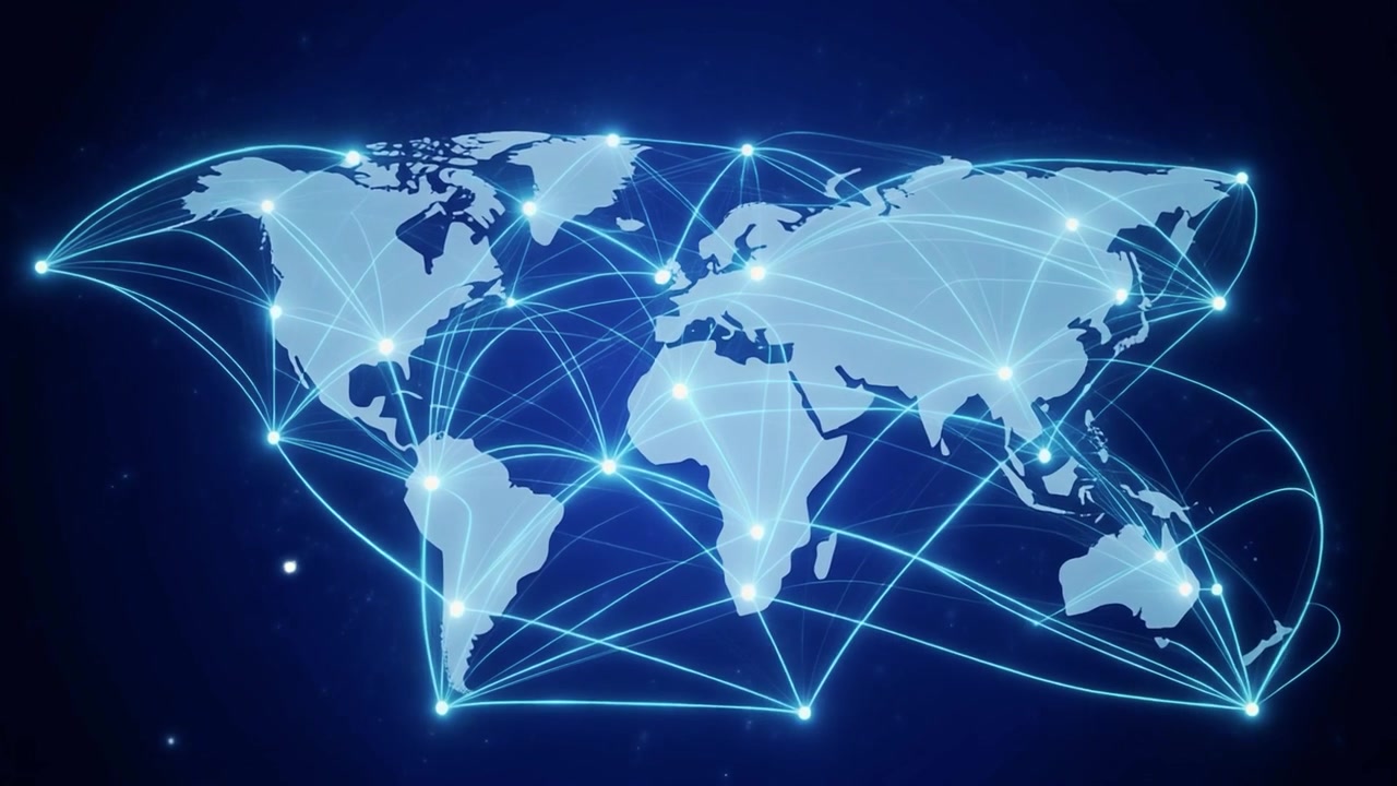 Digital World Map with Glowing Global Network Connections
