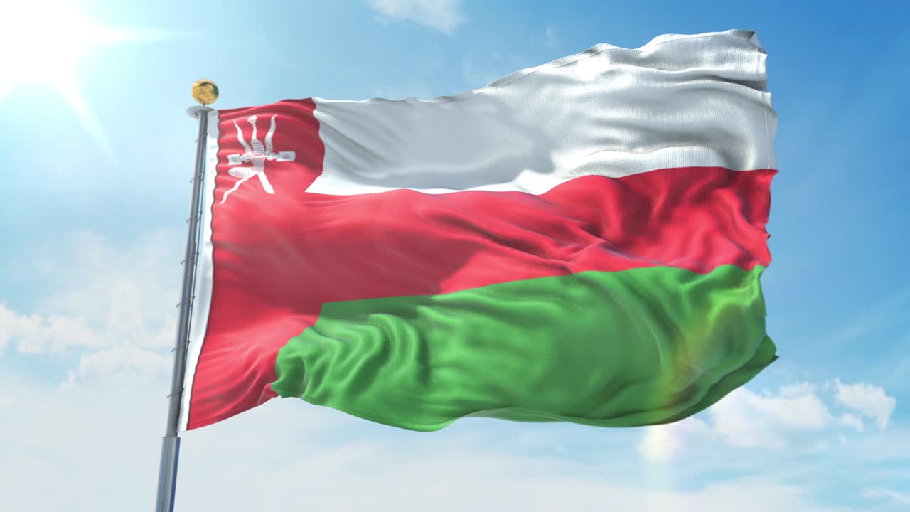 Oman flag waving in the wind against deep blue sky. National theme, international concept. 3D Render Seamless Loop 4K