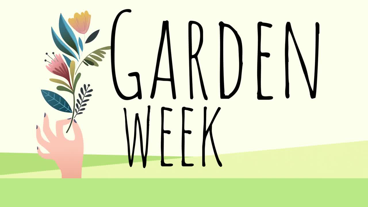 緑の背景に花のアイコンと庭の週のテキストを持つ手のアニメーション