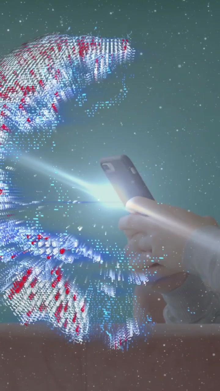 Vertical video: Hands holding phone emitting light beam controlling globe nodes to shift and orbit