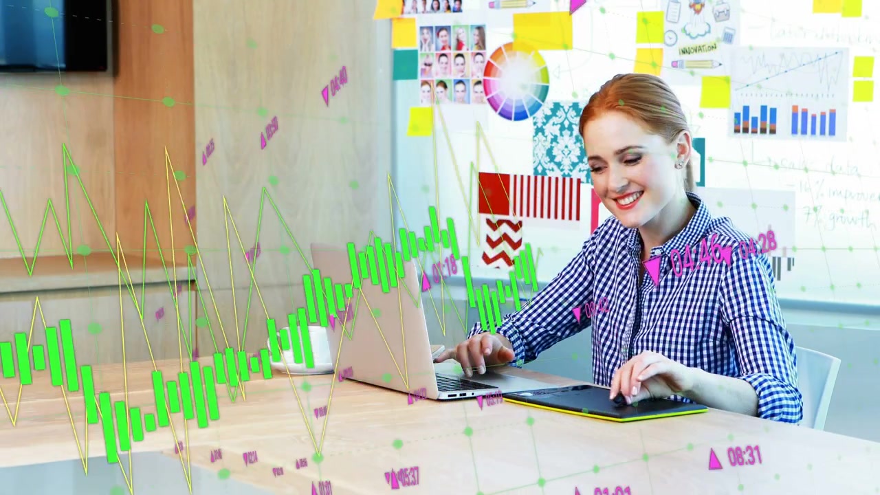 Woman switching between laptop and tablet as animated finance chart overlay guiding analysis