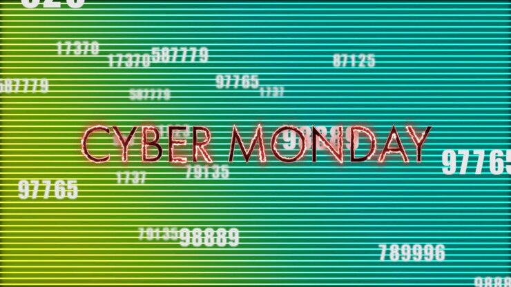 Animation of cyber monday text in glowing letters over numbers changing and green neon lines