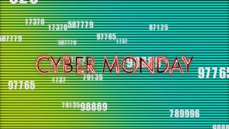 Animation-Von-Cyber-Monday-Text-In-Leuchtenden-Buchstaben-über-Sich-ändernden-Zahlen-Und-Grünen-Neonlinien