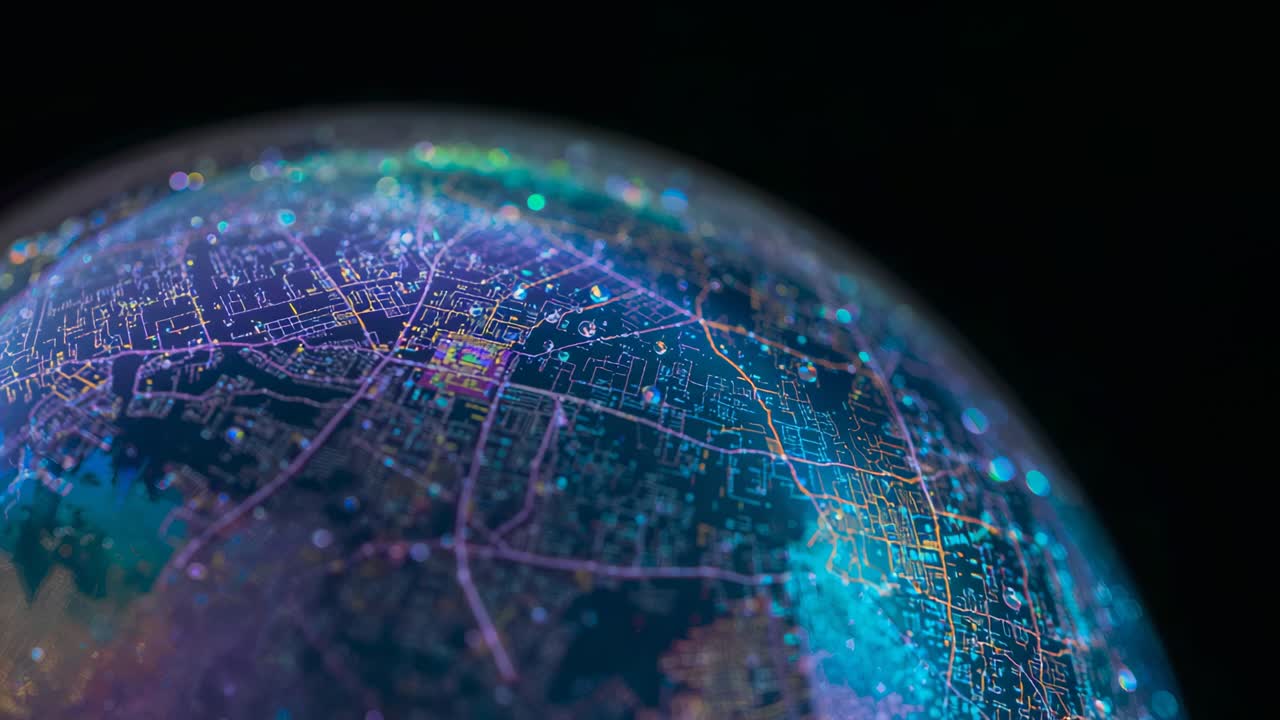 Rotating globe in dark studio revealing neon map, cyan nodes as camera tracking showing map detail