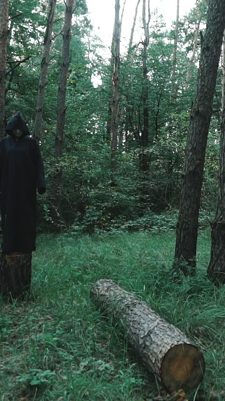 Evil witch in the thicket of the forest. Halloween costume. Vertical video