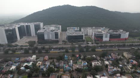 aerial drone shot of corporate buildings in indian metro city chennai