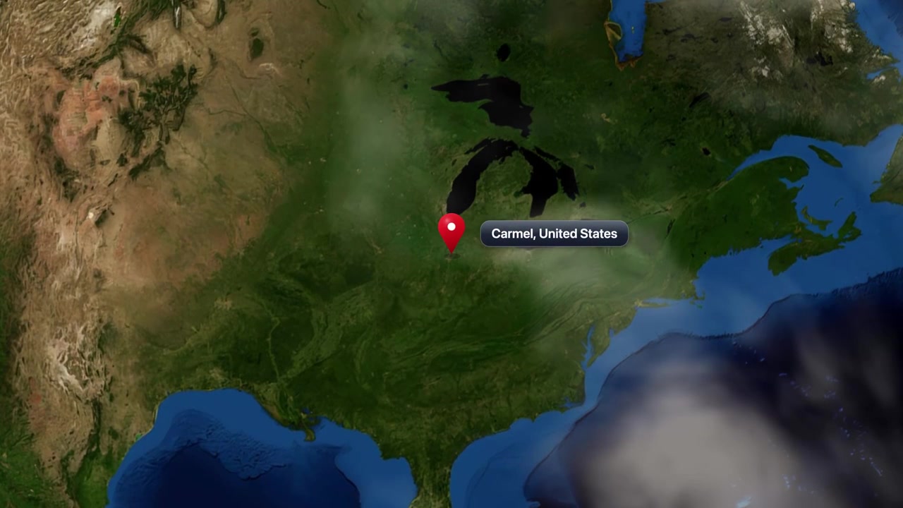 Earth orbit zoom in animation focusing on Carmel, Indiana, United States with marker pin. Includes NASA public domain imagery.