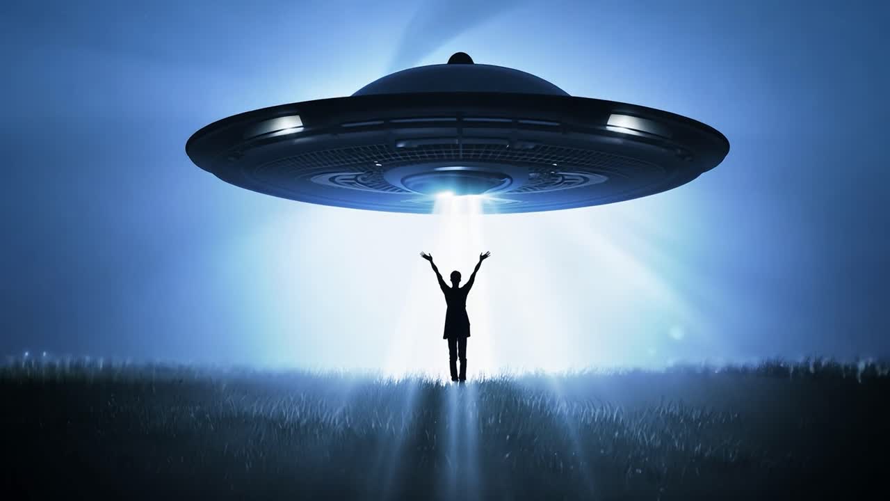 una nave espacial alienígena se suspende sobre una figura siluetada en un campo, destacando haces de luz para un dramático fondo de encuentro extraterrestre.