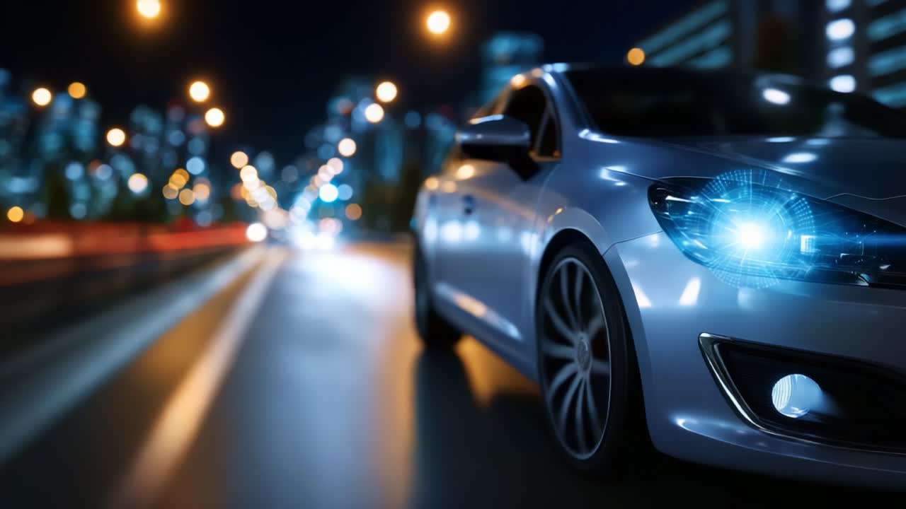 Elegante auto argentata che guida di notte con le luci della città che si riflettono sullo sfondo, mettendo in mostra il movimento dinamico e l'ambiente urbano