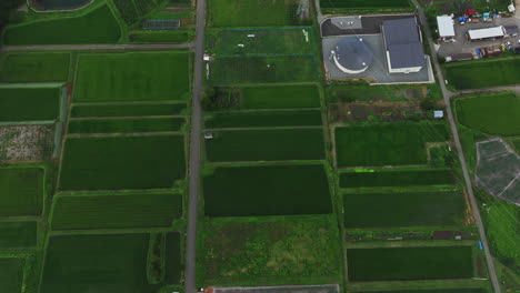 aerial tilt shot over rice fields, revealing a town in rural nagano, japan