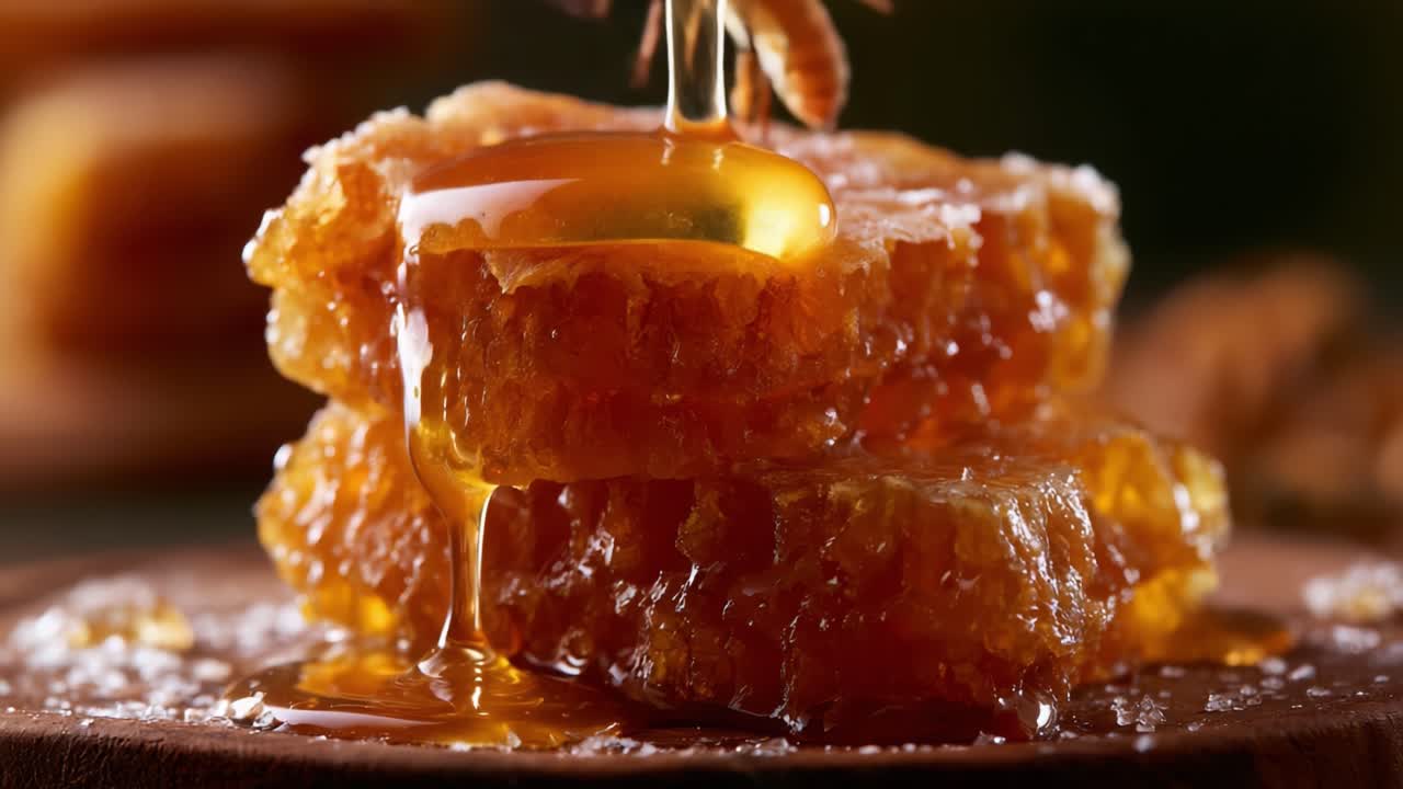 Miele dorato che cola da un delizioso favo: Una vista ravvicinata della dolce delizia della natura con gloriose goccioline ambrate e strati di cera d'api testurizzati