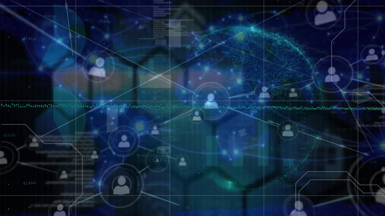 Animation of diverse data processing on black and blue background with network of connections