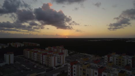 Lowering-aerial-view-over-a-tourist-resort-in-Mexico-at-sunset