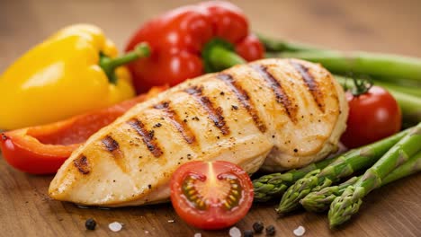 delicious grilled chicken breast surrounded by fresh vegetables, including peppers, tomatoes, and asparagus on a wooden surface