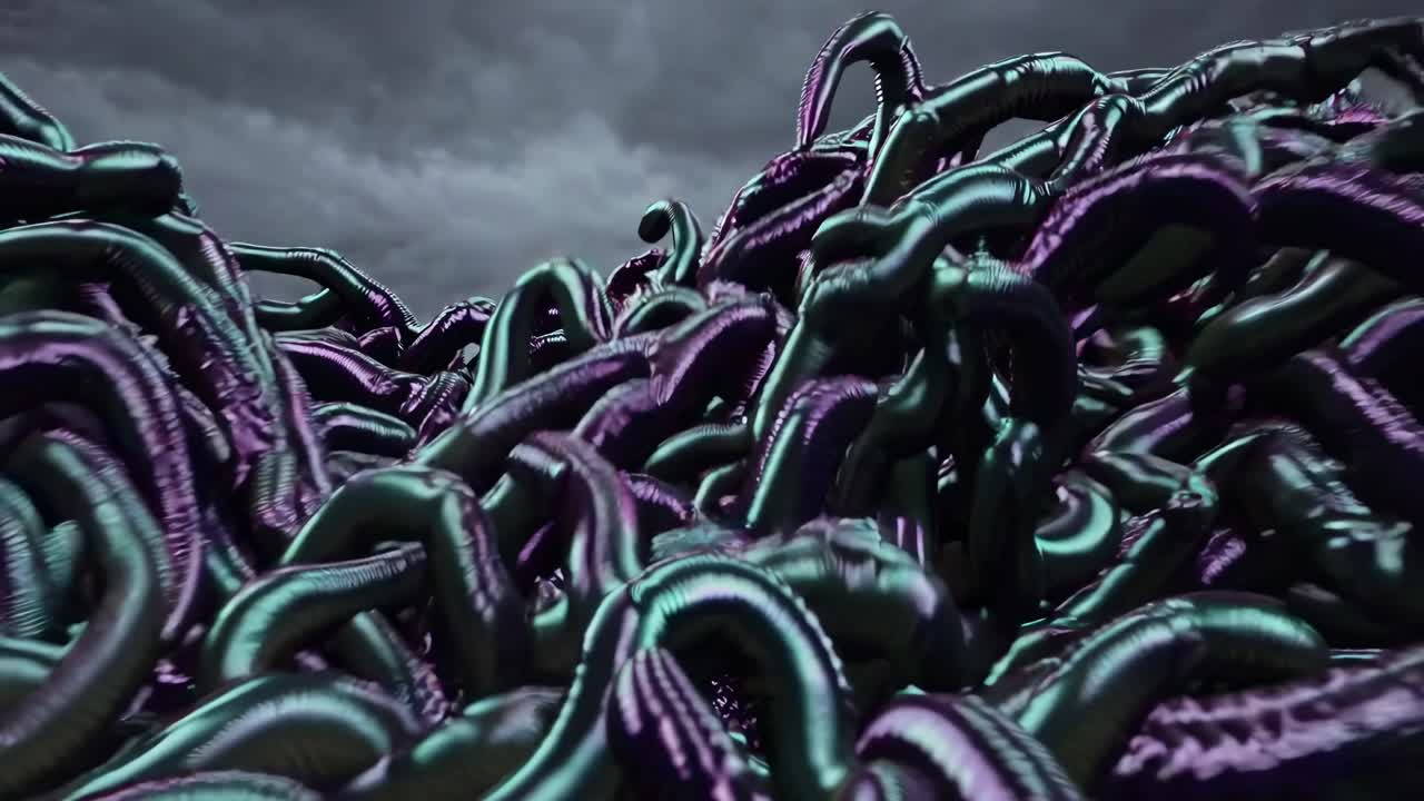 escultura de gusano abstracta contra un cielo nublado