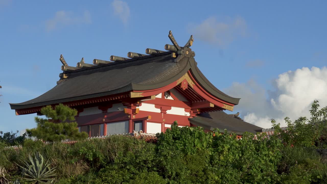 Close-up view of Naminoue Shrine and temple - 4K view of Naha, Okinawa, Japan, clear blue sky and clouds. In daytime. Summer holiday, vacation