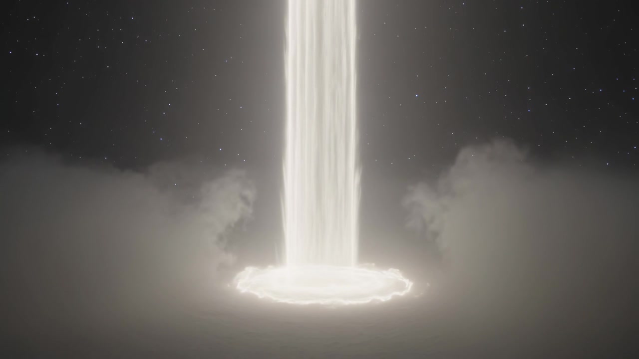 Emerging vertical column of light hitting low cloud at night with faint stars, forming glowing ring