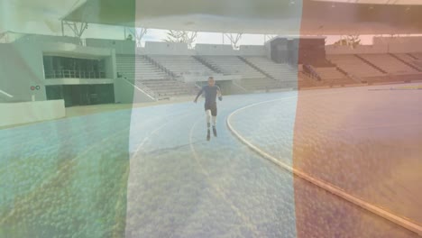 Animation-of-flag-of-italy-over-african-american-disabled-man-running-at-stadium