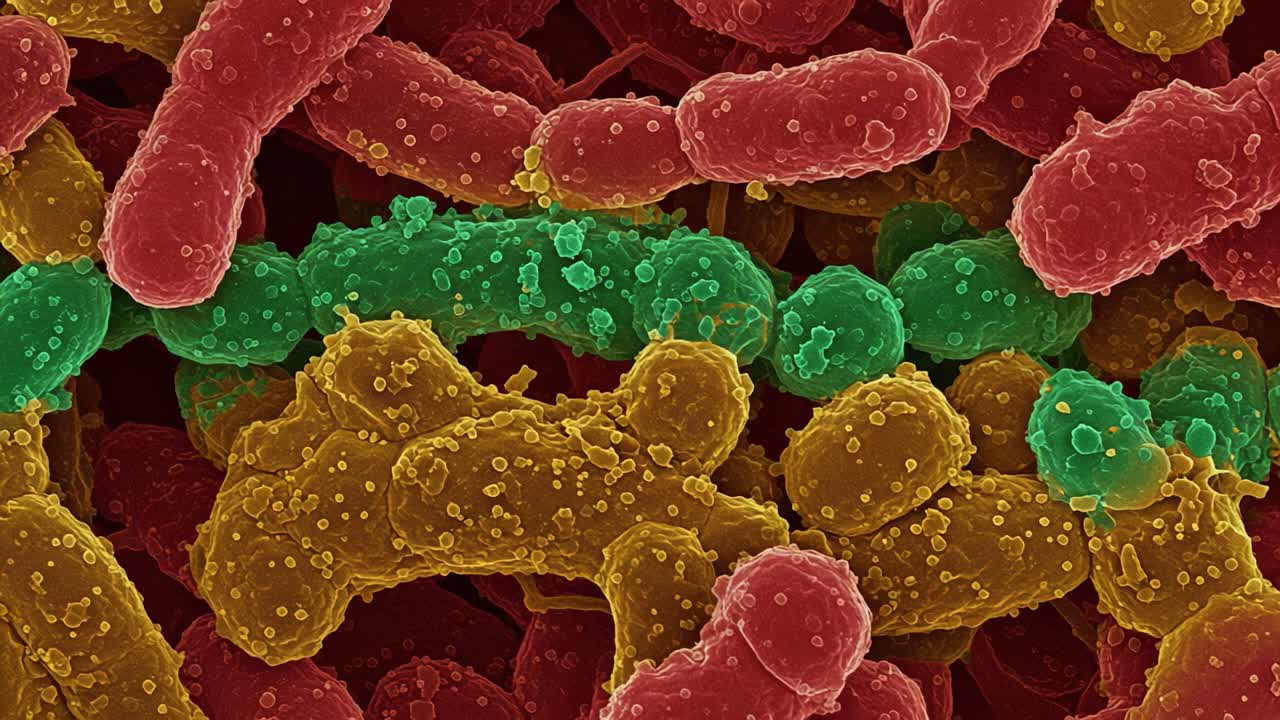 Microscopic View of Vibrantly Colored Bacteria: A Detailed Exploration of Diverse Microbial Life through Electron Microscopy Revealing Structures and Interactions