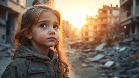 a little girl standing in the middle of a destroyed city