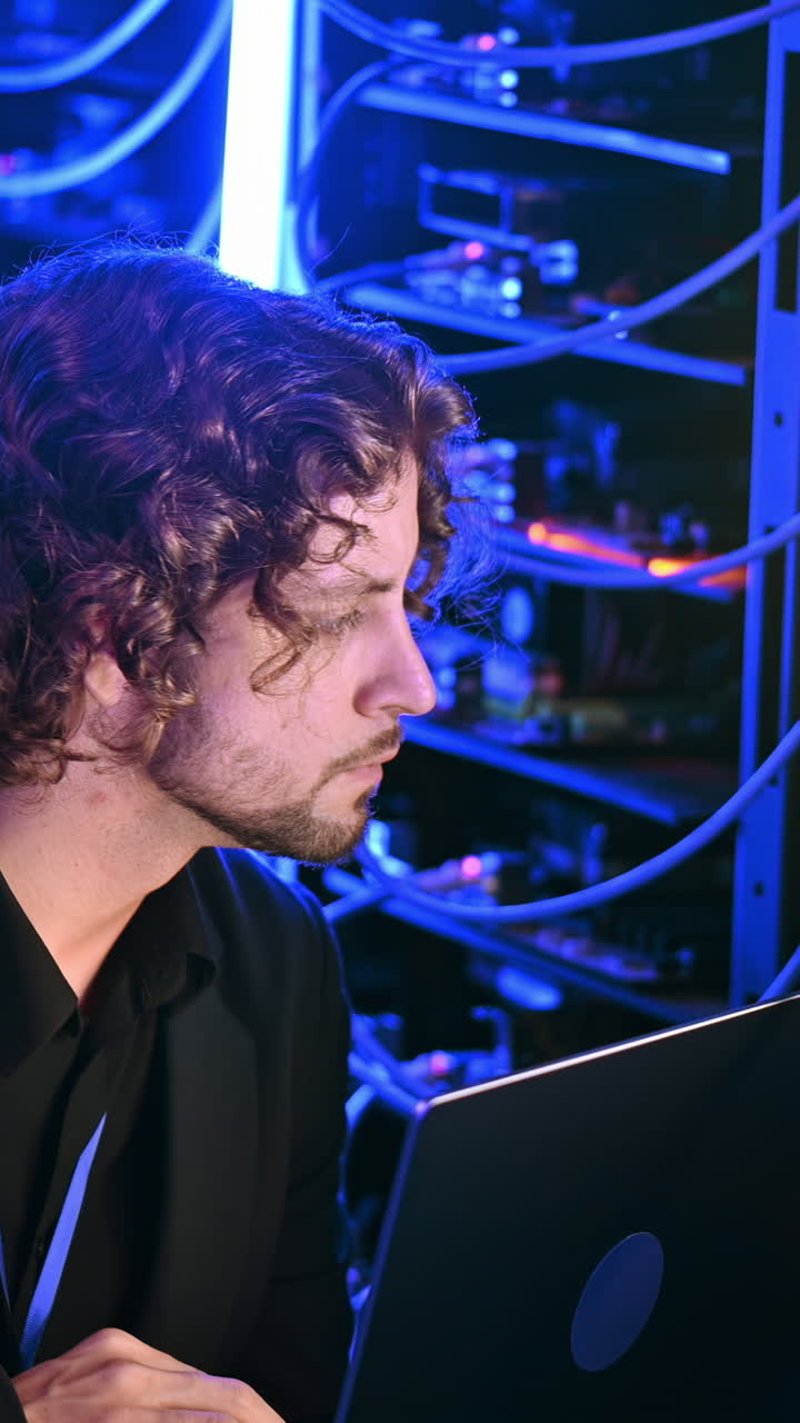 Man analysing data in a server room. Vertical