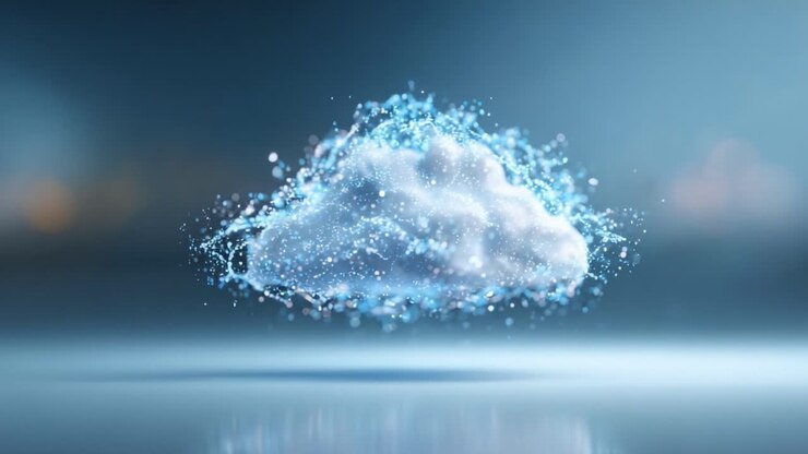 A mesmerizing visual representation of a floating cloud, surrounded by sparkling blue particles, evoking a sense of magic and tranquility in a serene atmosphere
