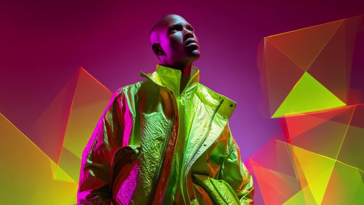 Vivace ritratto di moda con giacca al neon su sfondo geometrico colorato, che mette in mostra lo stile e l'estetica moderna, enfatizzando colori audaci ed elementi di design unici in una scena accattivante