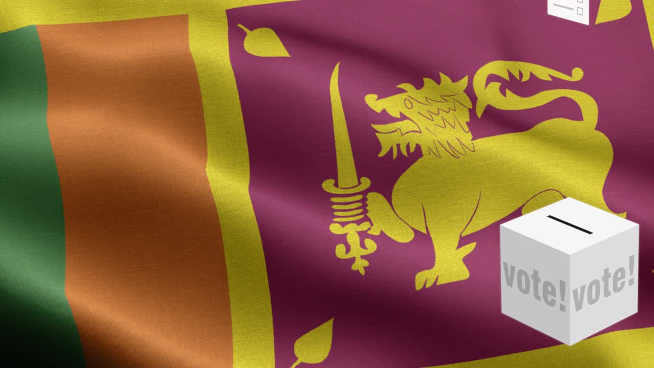 Ballots fly to box for Sri Lanka selection - Ballot box in front of flag - Election - Vote - Flag Of Sri Lanka - Sri Lanka Flag High Detail - National flag Sri Lanka wave Pattern loopable Elements - Fabric texture and endless loop