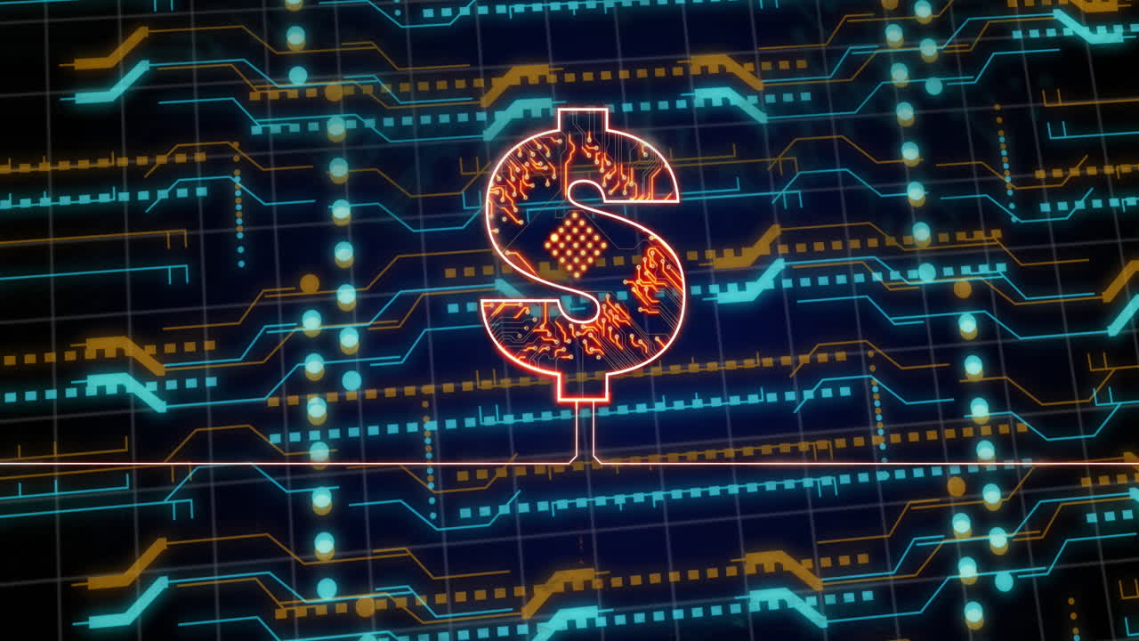 animación del signo del dólar estadounidense y procesamiento de datos a través de una placa de circuitos.