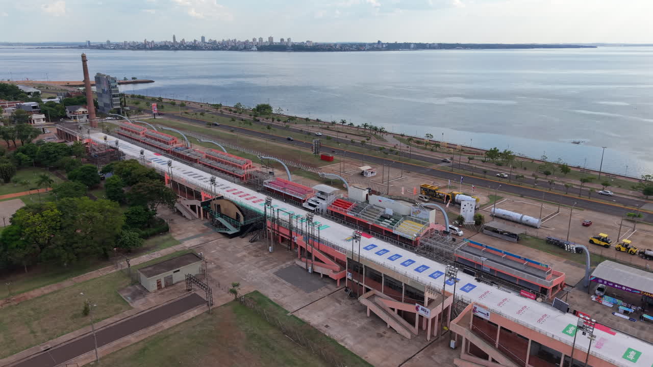 Aerial drone fly empty sambadrome location, dance venue of South American countries, establisher at Encarnacion Paraguay