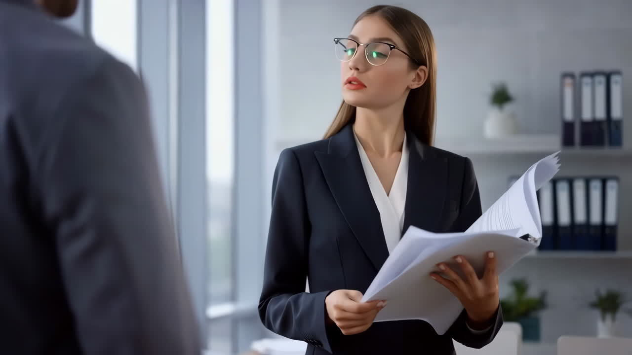 A businesswoman reviews documents in an office