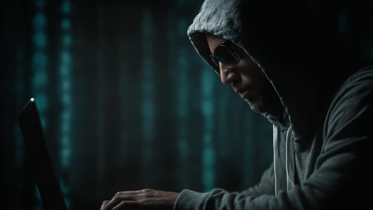 A Mysterious Hacker at Work in the Shadows, Focused on the Laptop Screen Surrounded by Digital Code, Embodying the Essence of Modern Cyber Intrusion and Privacy Concerns