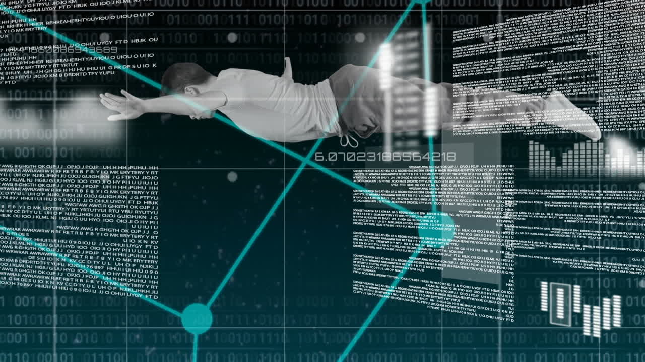 Person diving over digital data and binary code, representing virtual reality