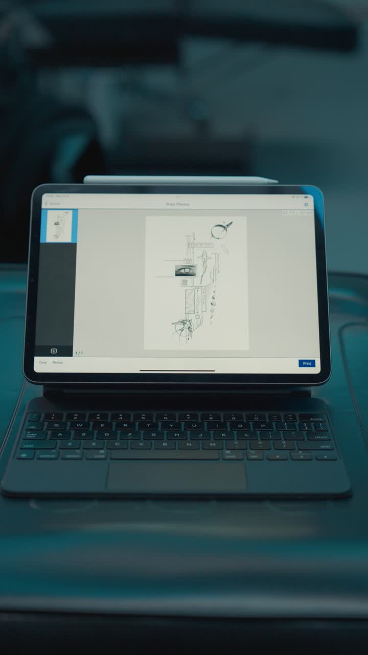 Vertical zoom on clients illustrative custom tattoo on tablet with keyboard