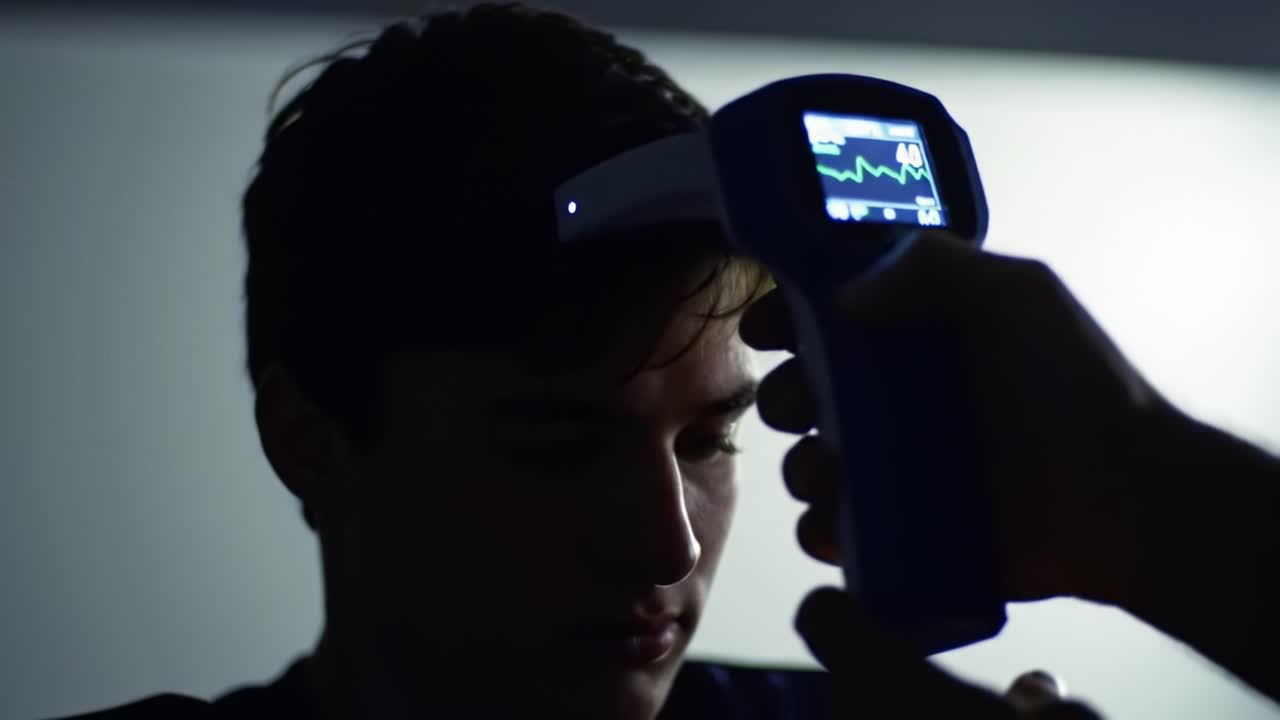 Monitors show vital signs as a health professional conducts a non-invasive examination using a handheld device on a patient's forehead to monitor health status.