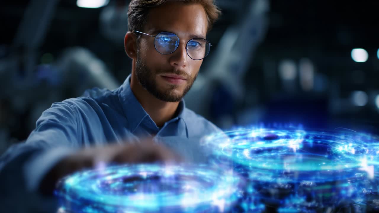 A focused individual interacts with advanced digital interfaces, showcasing futuristic technology in a modern workspace, combining elements of innovation, industry, and cutting-edge research to enhance productivity and creativity