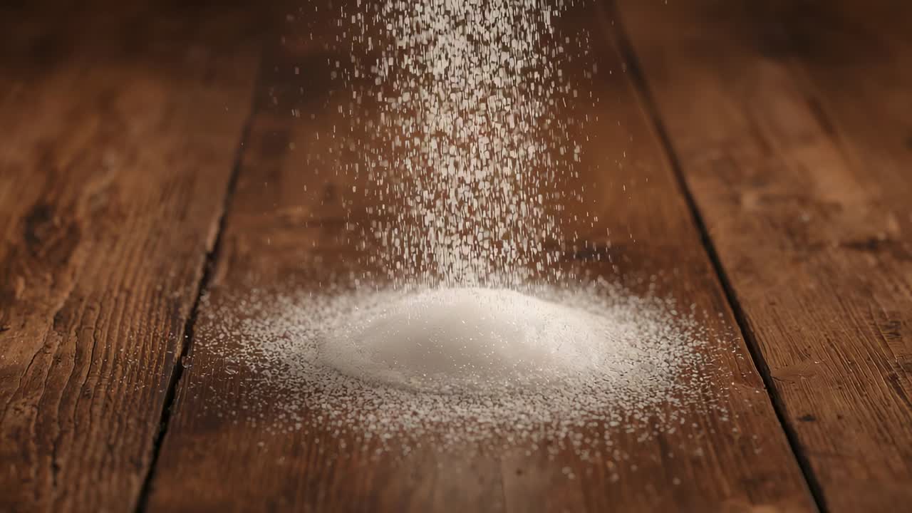 Falling stream starting above, white granules forming conical mound on wooden tabletop, warm light