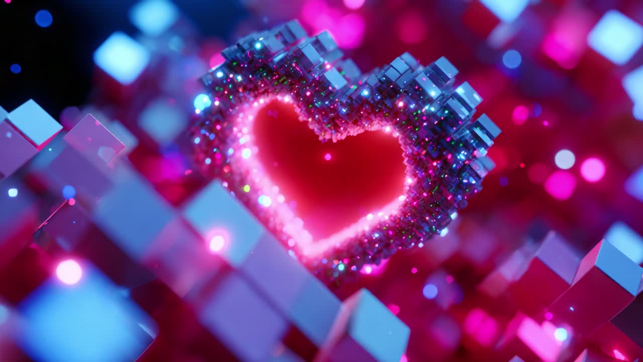 A mesmerizing digital representation of a glowing heart surrounded by vibrant cubes, showcasing an enchanting interplay of colors, lights, and textures that evoke feelings of love, joy, and creativity in a contemporary design