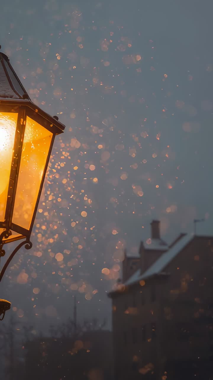 Vertical video: Glowing lantern on street casting dusk glow, snow making bokeh, roofs, copy space