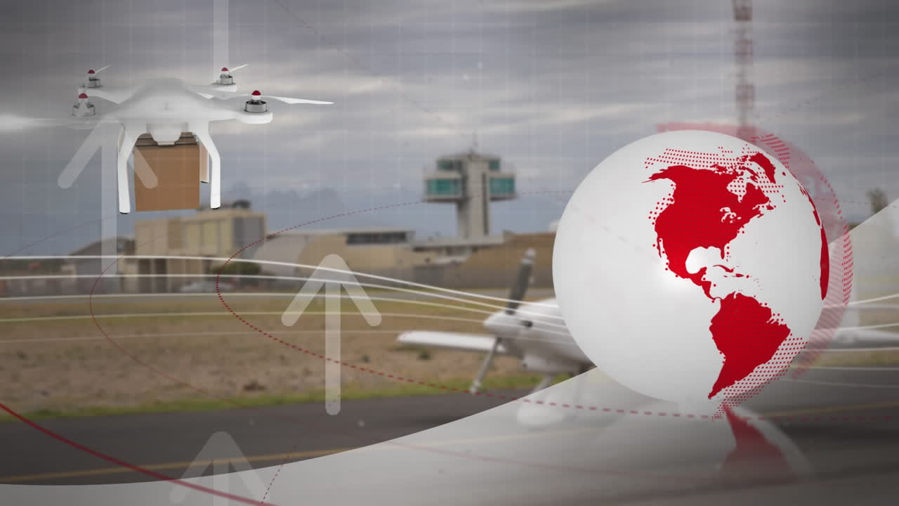 공항 프론 위의 패 ⁇ 과 함께 드론을 통한 연결 네트워크의 애니메이션