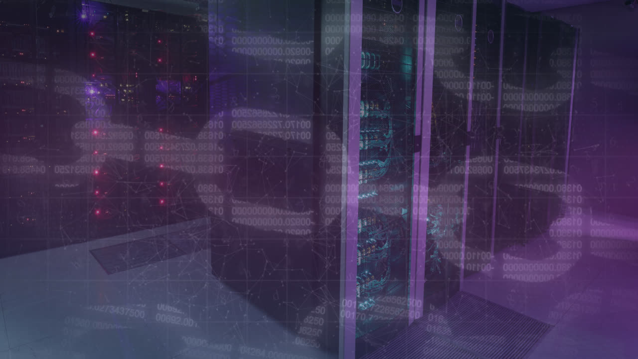 Animation of blockchains over illuminated server rack in server room