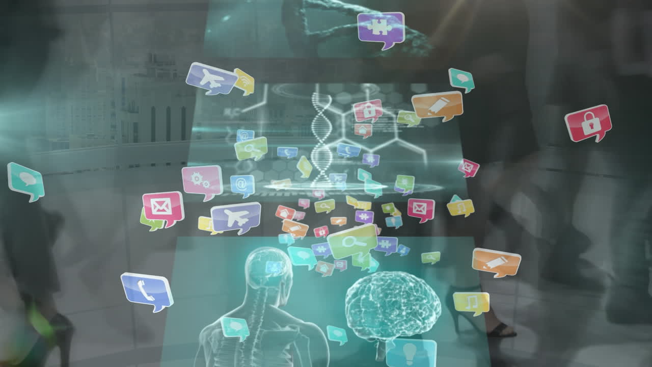 animación del procesamiento de datos e iconos sobre personas que caminan