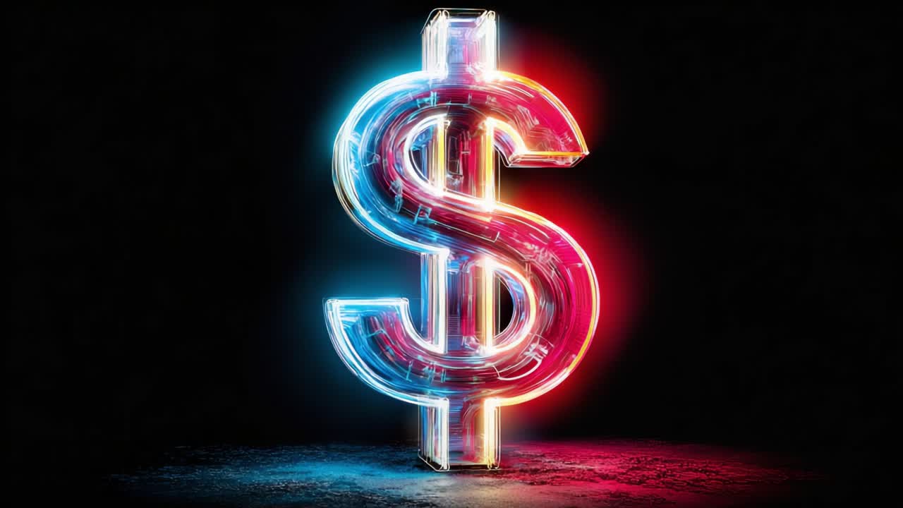 Un'impressionante rappresentazione al neon di un simbolo del dollaro che enfatizza ricchezza e finanza con colori vibranti su uno sfondo scuro, creando un'atmosfera estetica moderna.